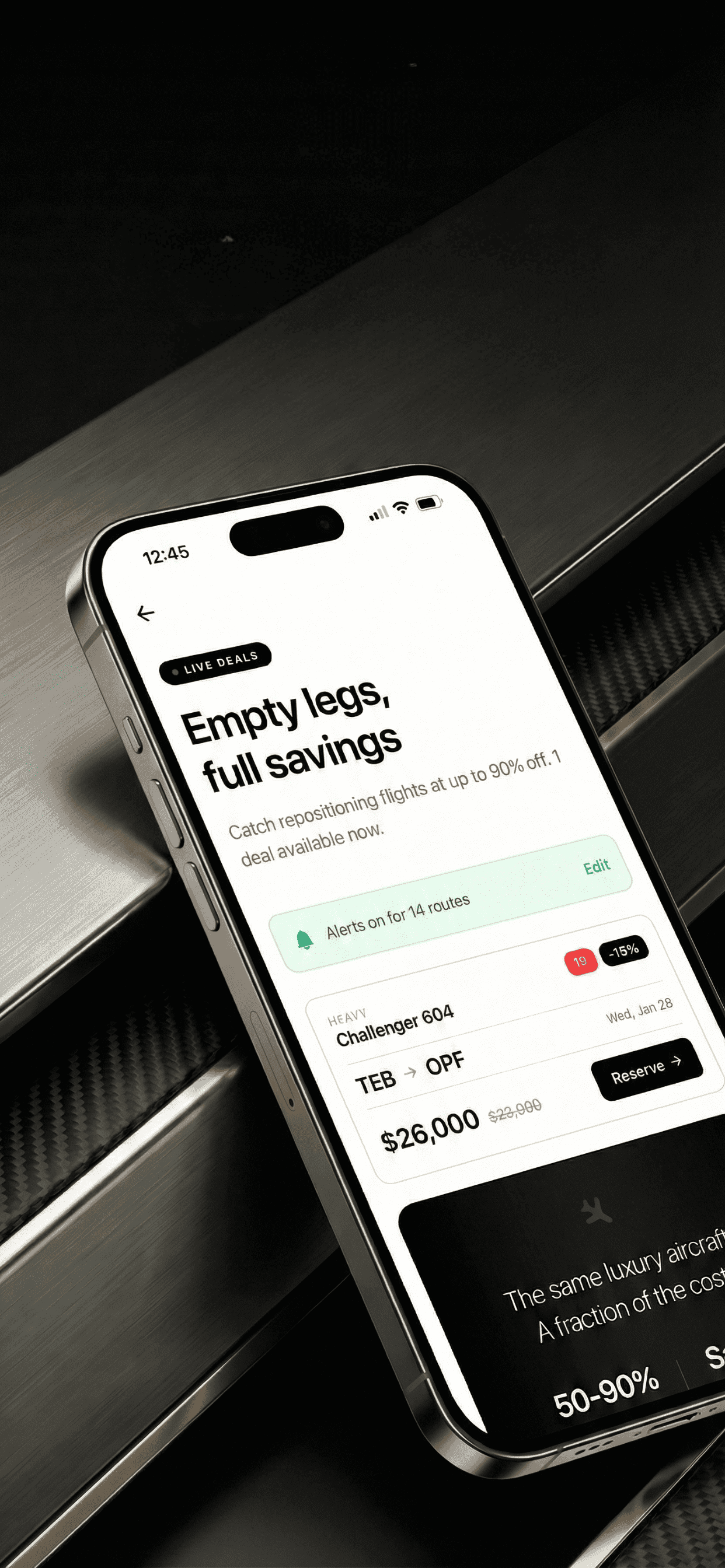ReserveJets mobile app showing aircraft details